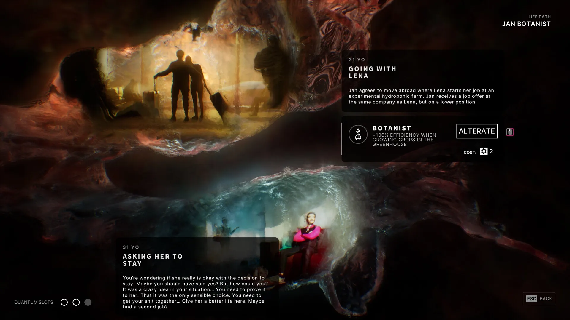 The Alters: Jan considering life paths with Lena, surrounded by abstract cosmic visuals and UI options