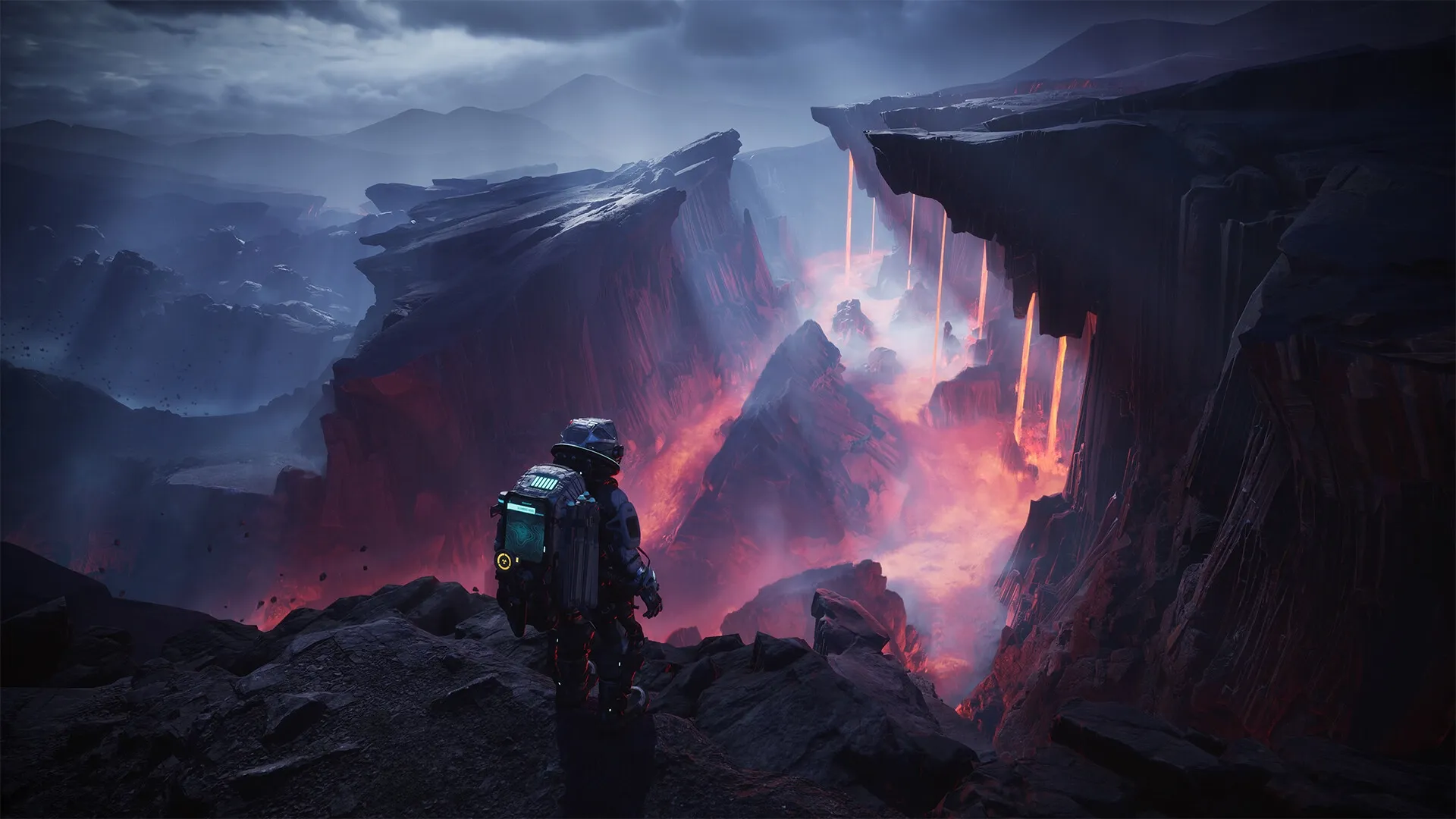 The Alters: Jan Dolski stands on a rocky cliff overlooking a glowing lava-filled canyon on alien terrain