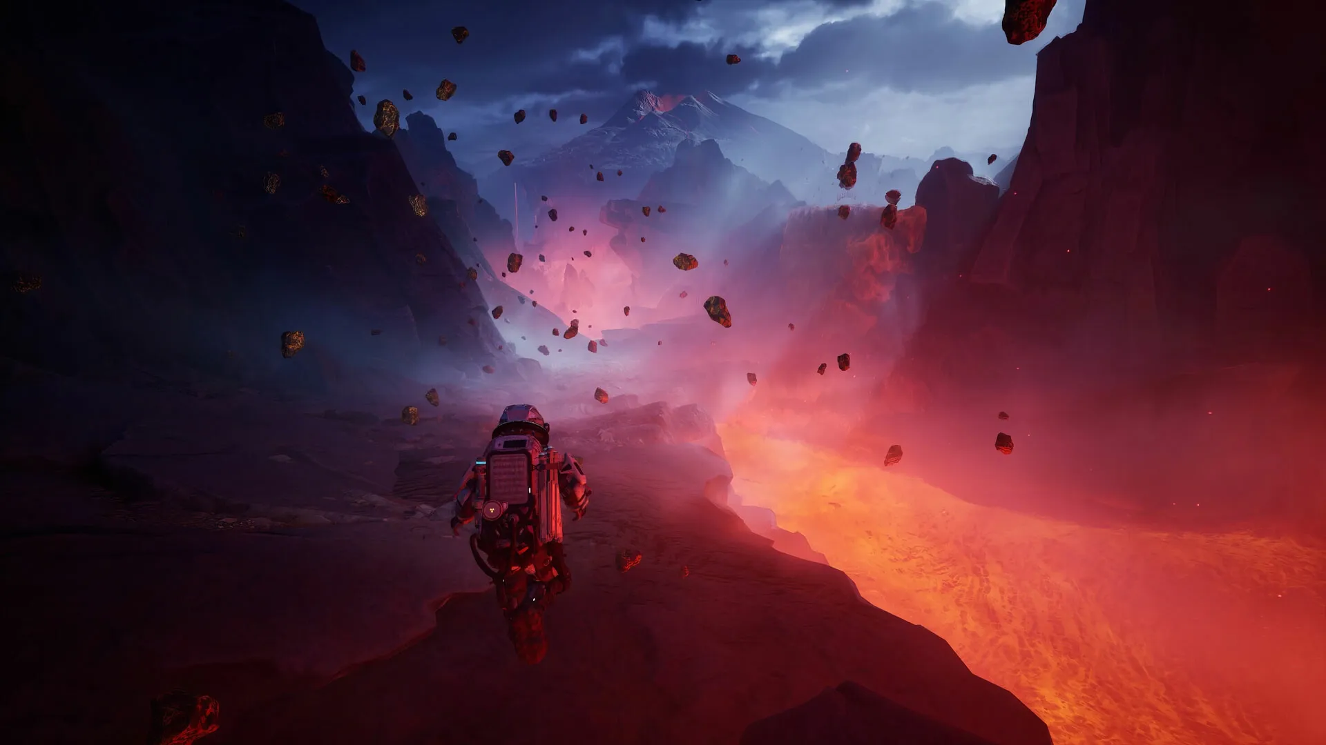 The Alters: Jan Dolski traversing rocky terrain near a lava flow with floating debris in a volcanic landscape