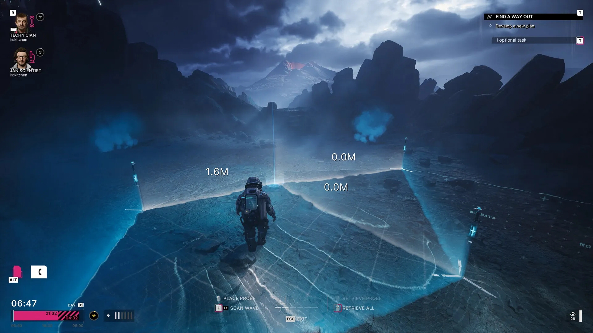 The Alters: Jan uses scanning device on desolate alien terrain under dramatic, cloudy sky with tasks listed.