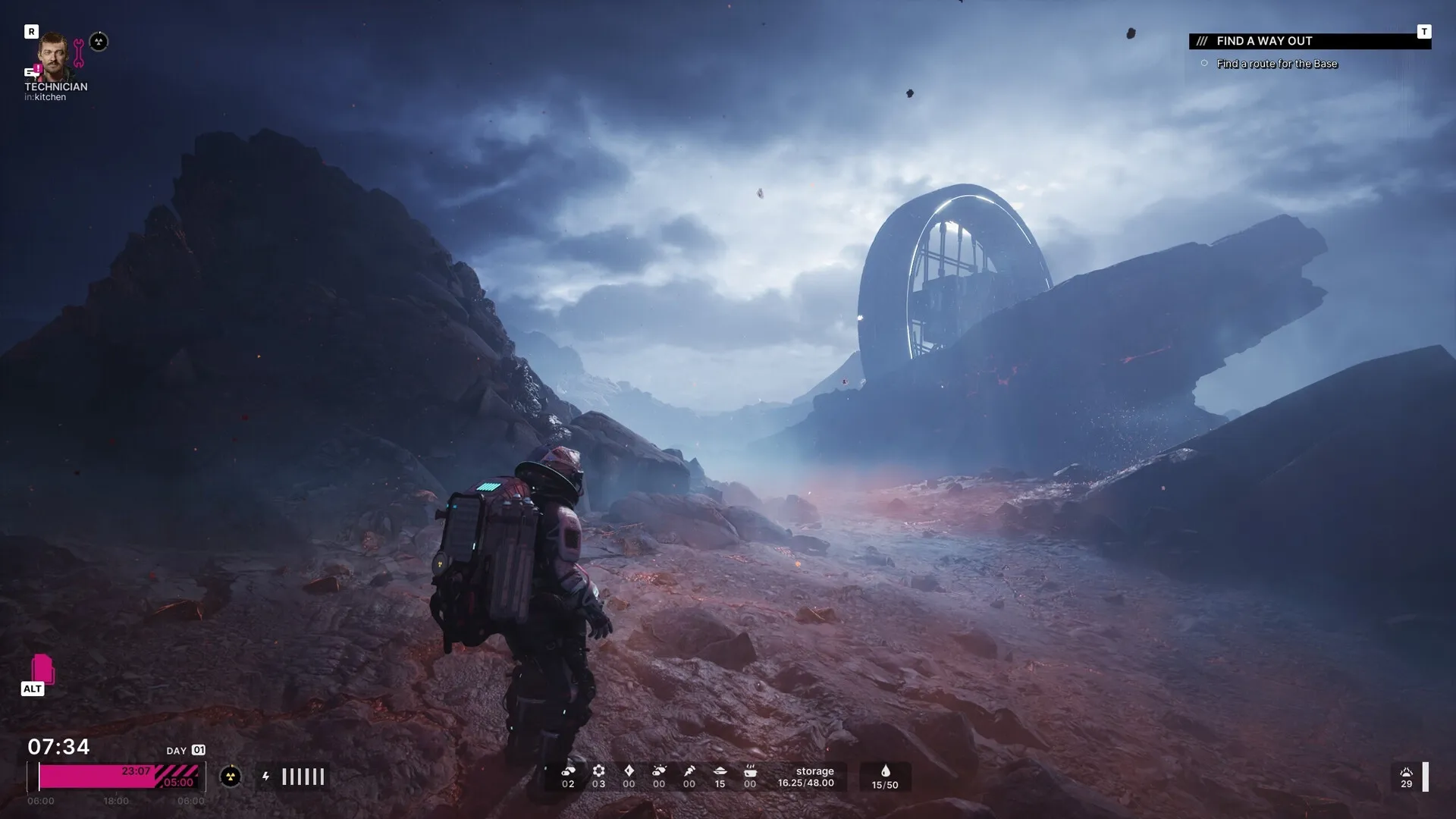 The Alters: Jan Dolski explores rocky alien terrain under stormy skies with a futuristic structure ahead