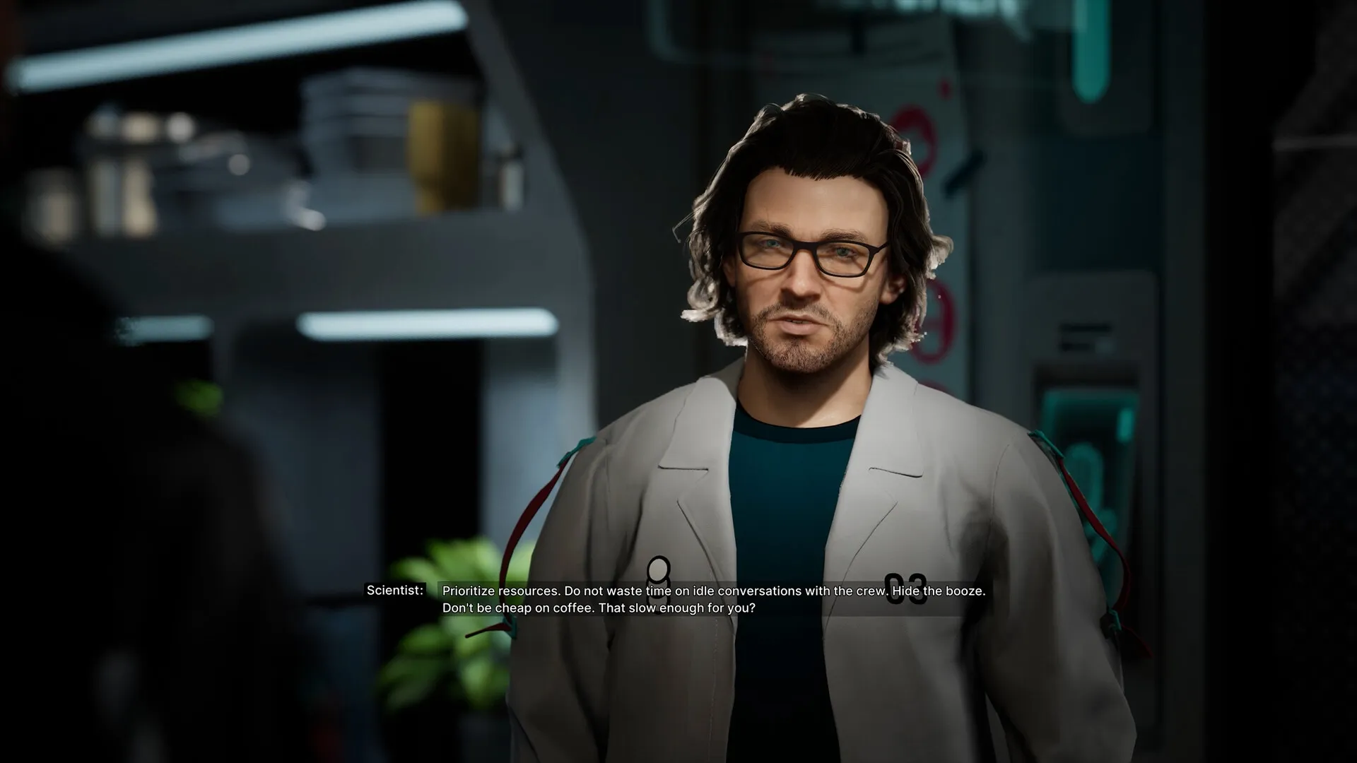 The Alters: Scientist talking in a futuristic lab setting with shelves and dim lighting in the background.