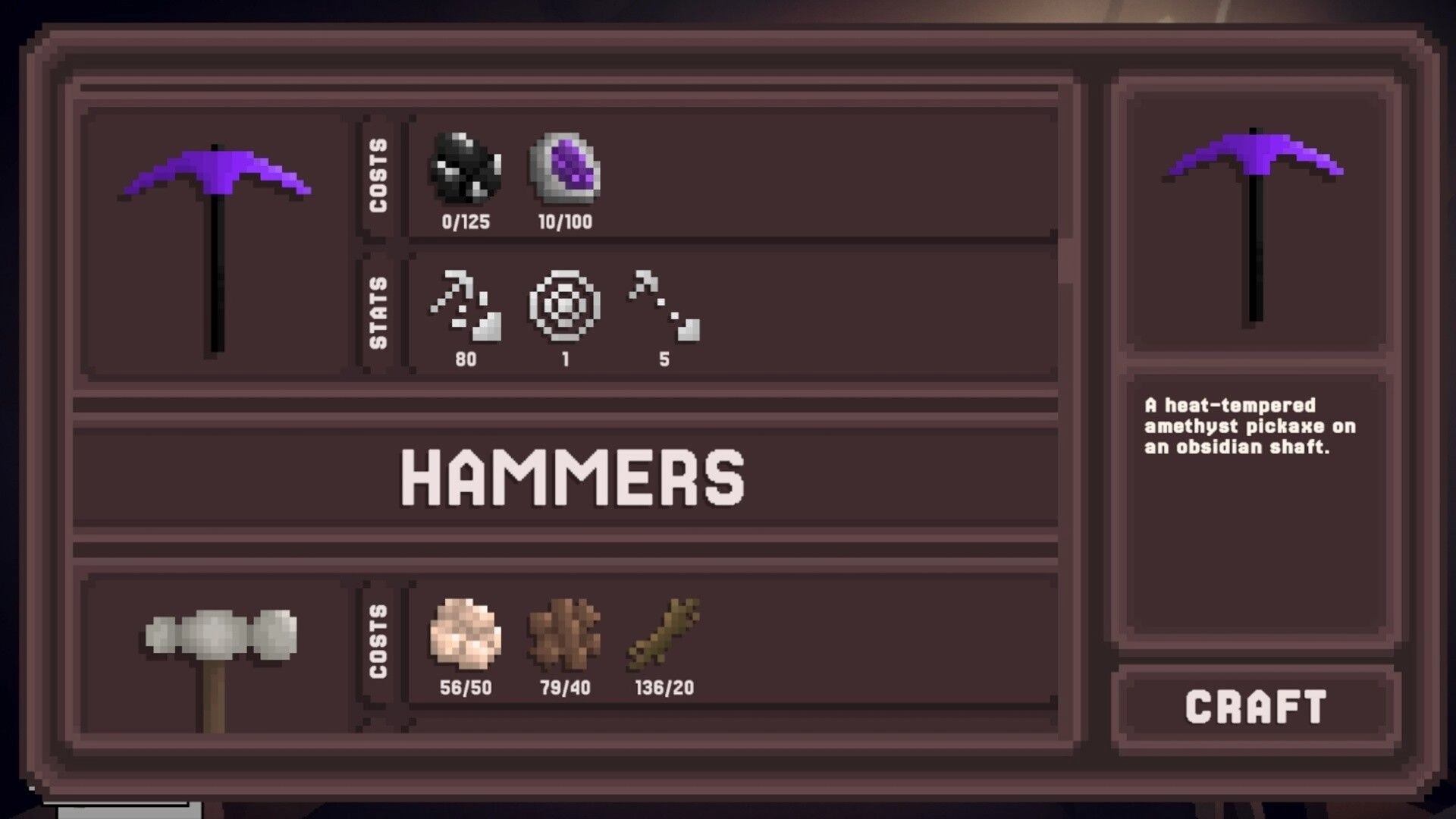 The Atrium: Crafting menu for Hammers showing amethyst pickaxe stats, costs, and Craft button.