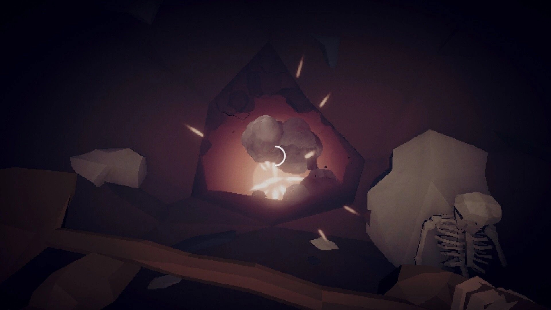 The Atrium: Mining a glowing rock node with progress ring in a dark cave with scattered bones and debris.