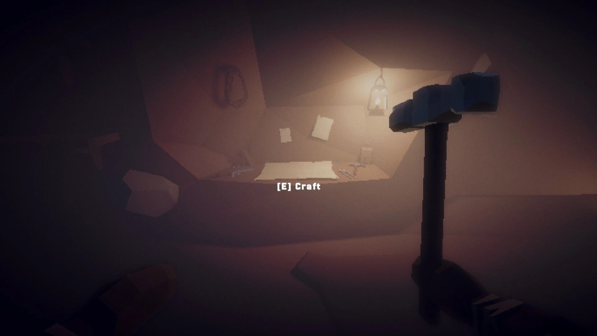 The Atrium: First-person view holding a pickaxe at a workbench with [E] Craft prompt in cave room.