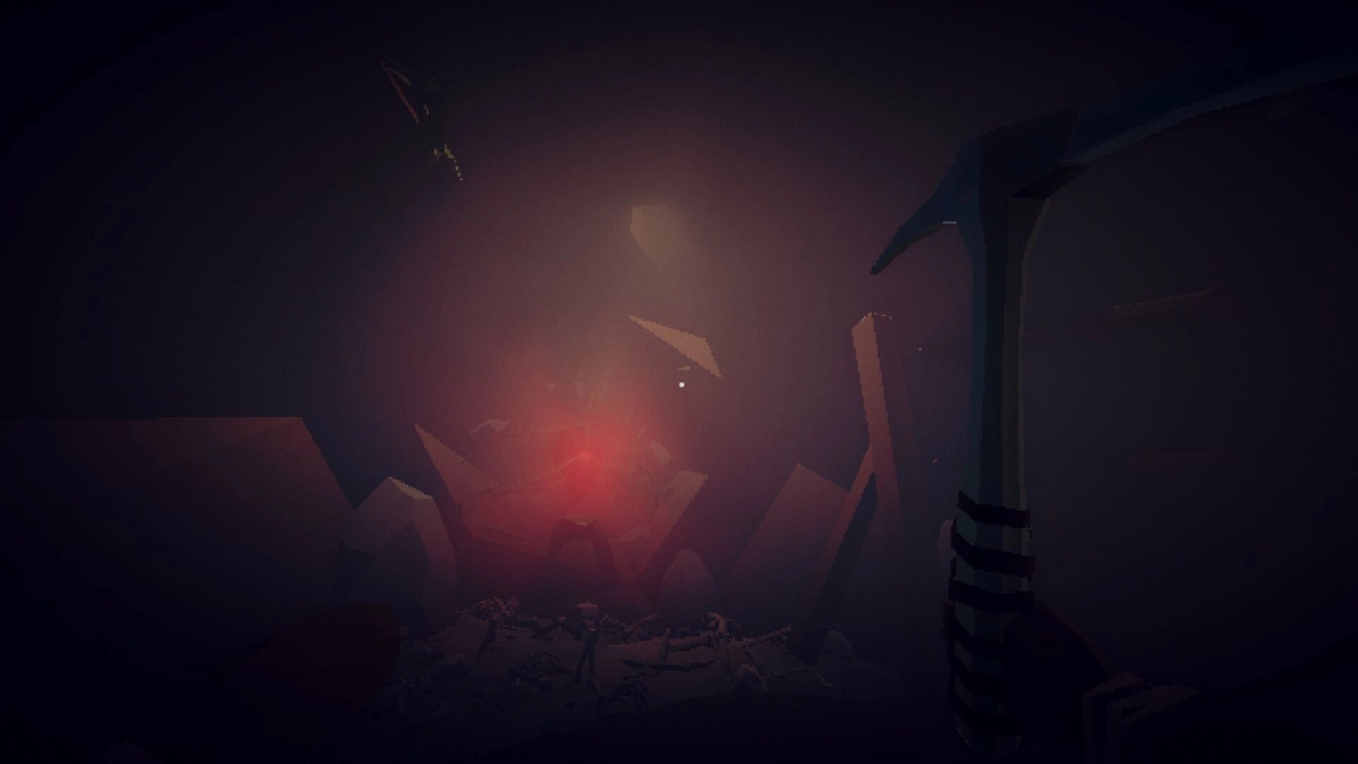 The Atrium: First-person view holding a pickaxe in a dark cave chamber lit by red glow and fog.