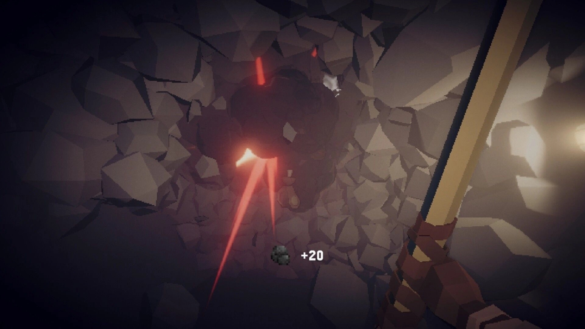 The Atrium: Pickaxe mining a rocky cave wall as red ore glows and a +20 resource pickup appears.