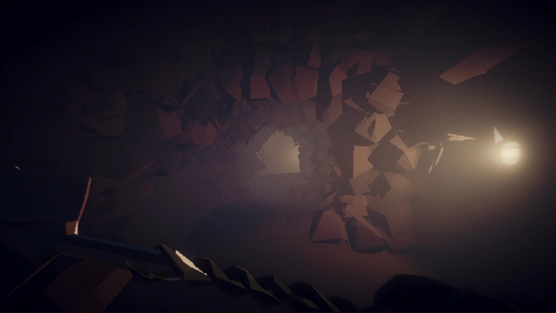 The Atrium: First-person view holding a drill in a foggy cave tunnel lit by a bright lamp.