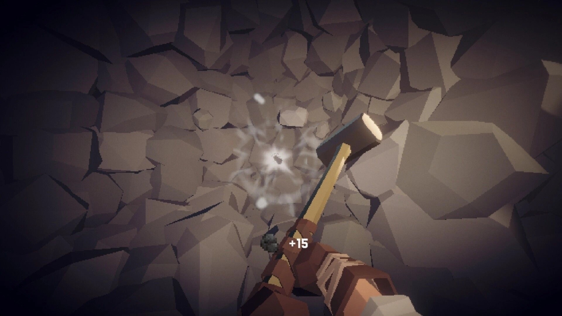 The Atrium: First-person hammer strike breaks cave wall, dust burst and +15 score popup in view.
