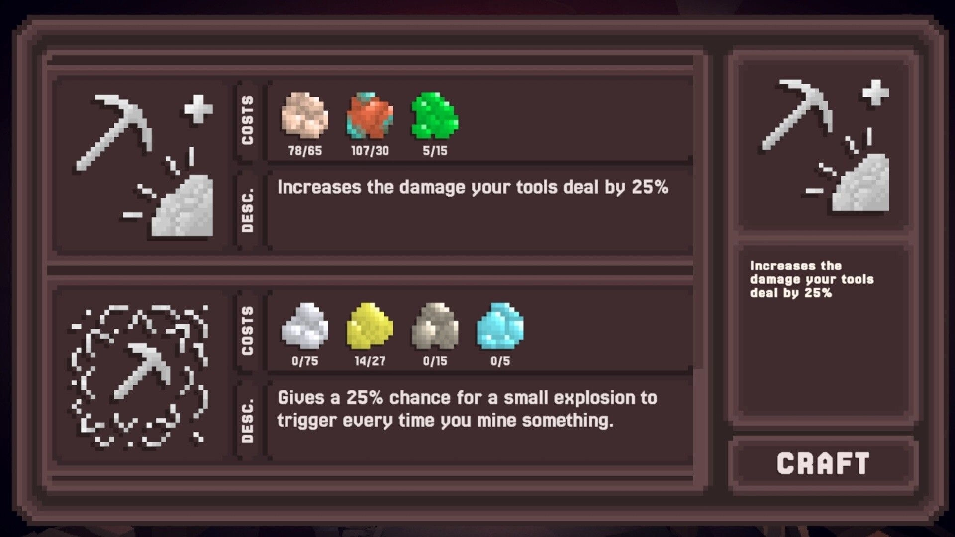 The Atrium: Crafting upgrade menu showing pickaxe perks, resource costs, and a CRAFT button UI.