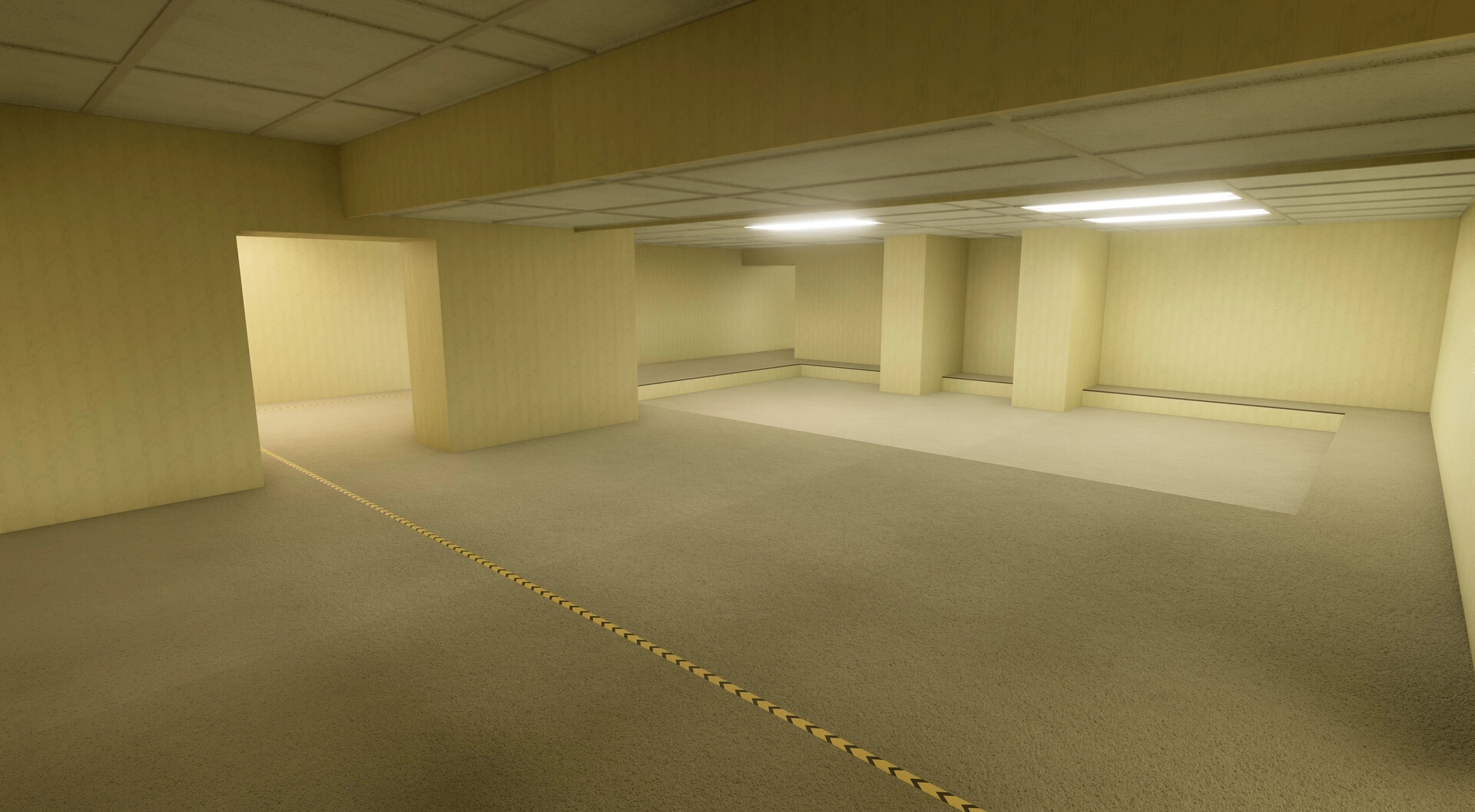 The Backrooms: Empty yellow office maze with pillars and fluorescent ceiling lights, no UI visible.