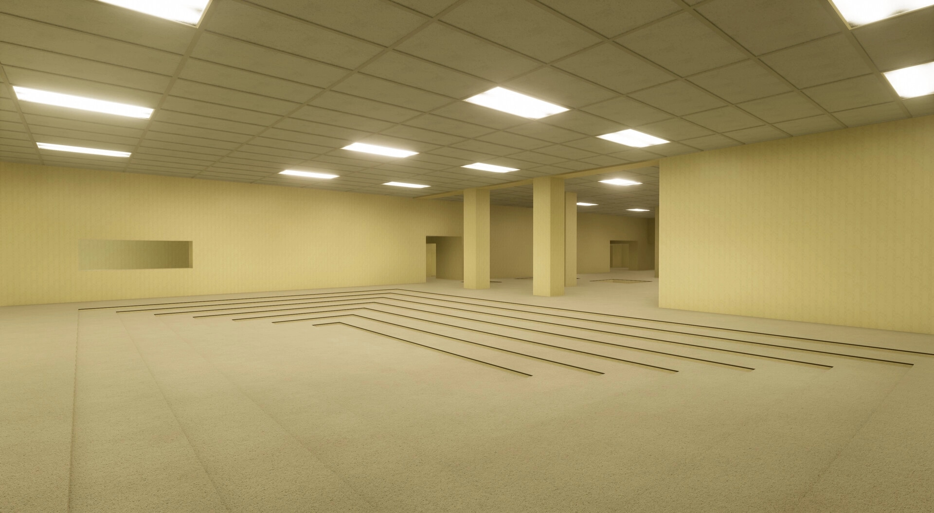 The Backrooms: Empty yellow office maze with pillars and fluorescent ceiling lights in Level 0 halls.