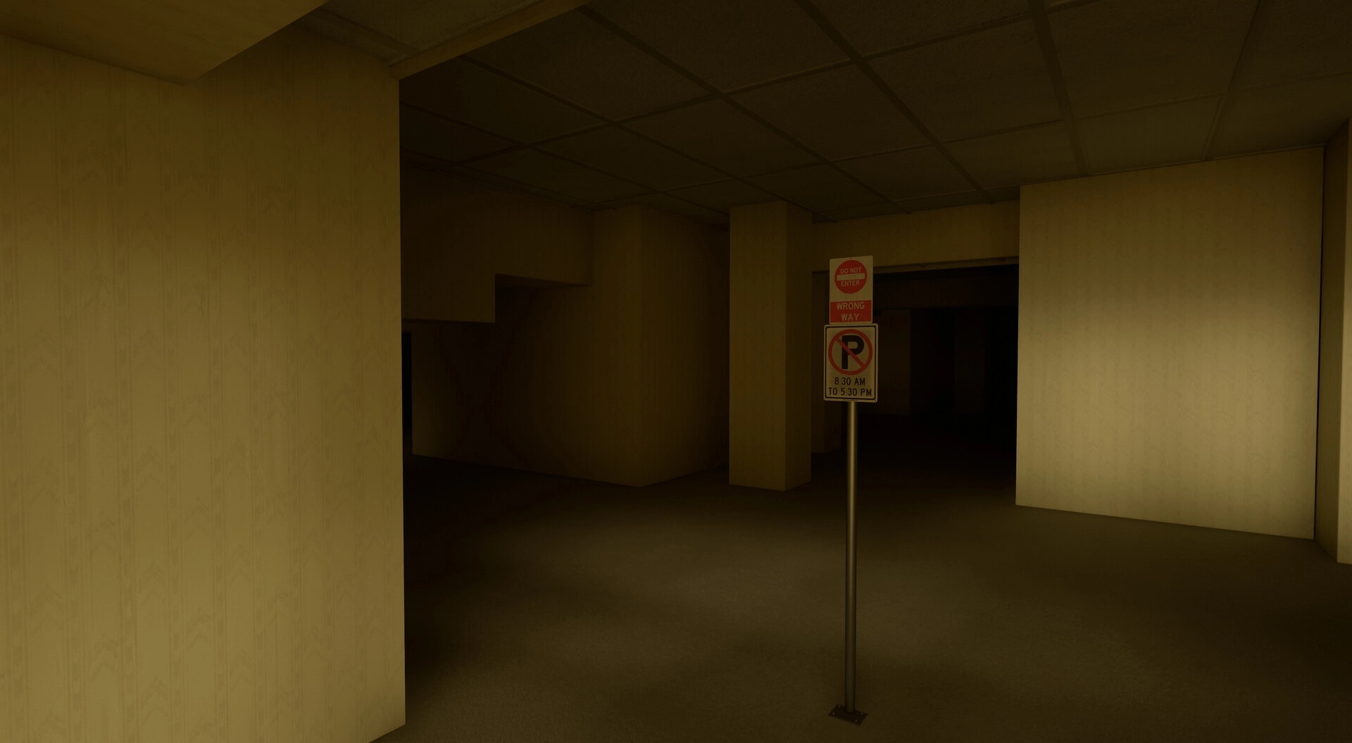 The Backrooms: Exploring dim yellow hallways with a street sign in a maze of empty rooms.