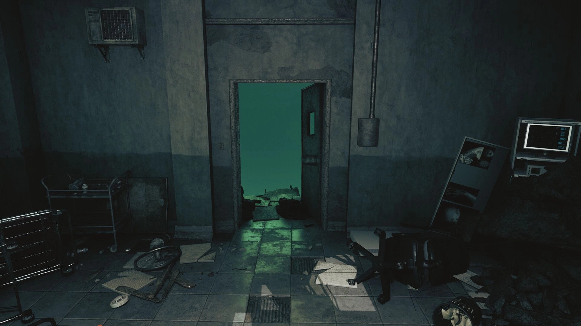 THE BACKWORLDS: Open door leading to eerie green mist in a cluttered, abandoned room with scattered debris
