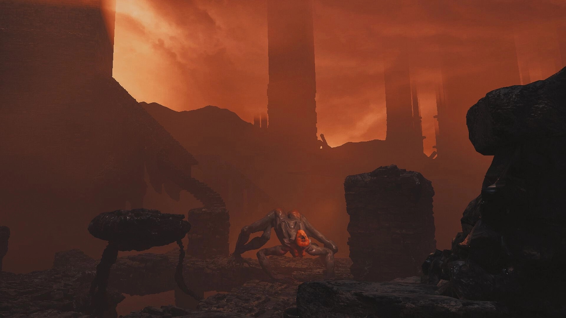 THE BACKWORLDS: Creature crawling among ruins with towering structures in a fiery, misty environment
