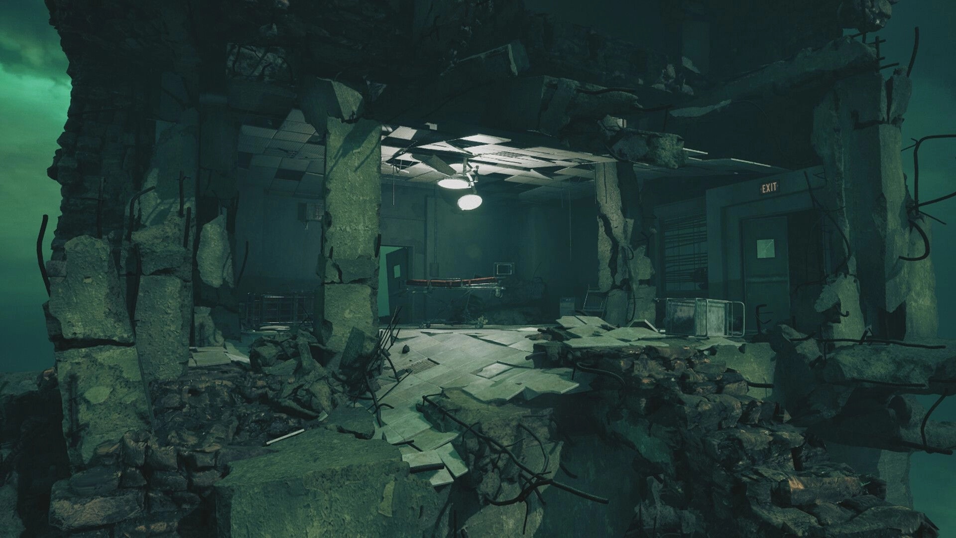 THE BACKWORLDS: Exploring a crumbling building interior with eerie green mist outside
