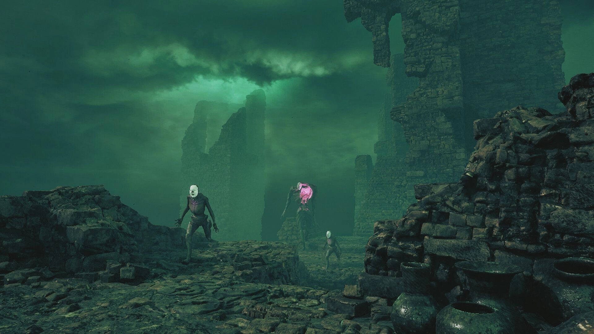 THE BACKWORLDS: Masked figures navigate crumbling ruins surrounded by eerie green mist