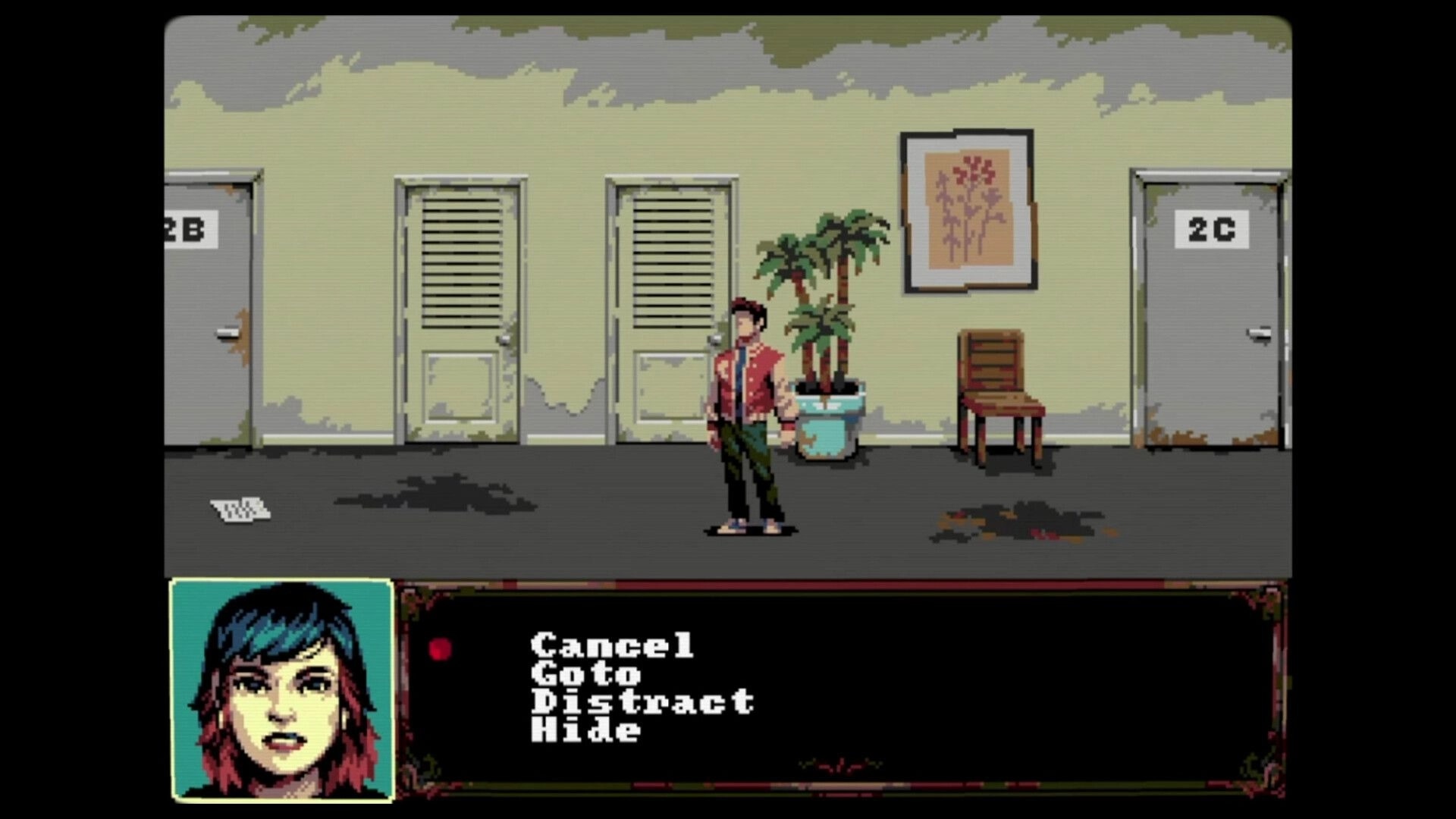 The Bagman: Command menu open as a survivor stands in a motel hallway with numbered doors and stains.