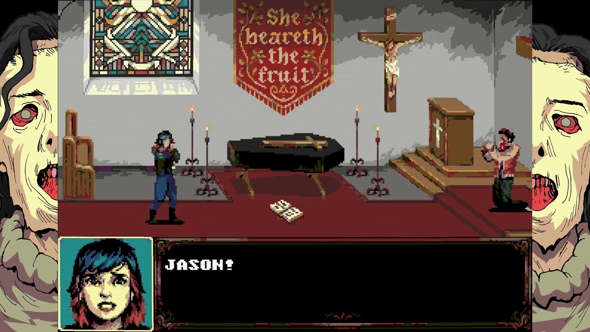 The Bagman: Dialogue box yelling "JASON!" as two characters face off in a candlelit church nave.