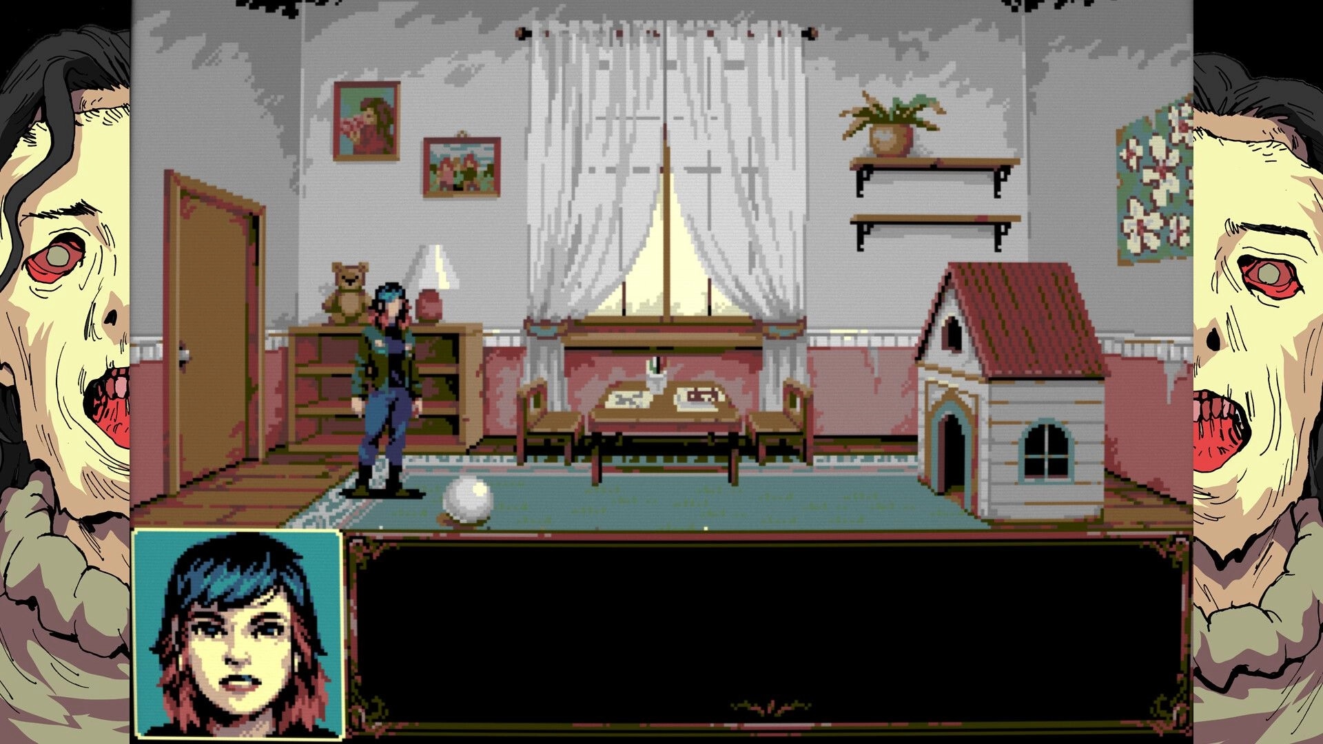 The Bagman: Player character stands in a child’s room with dollhouse, desk, and dialogue box UI.