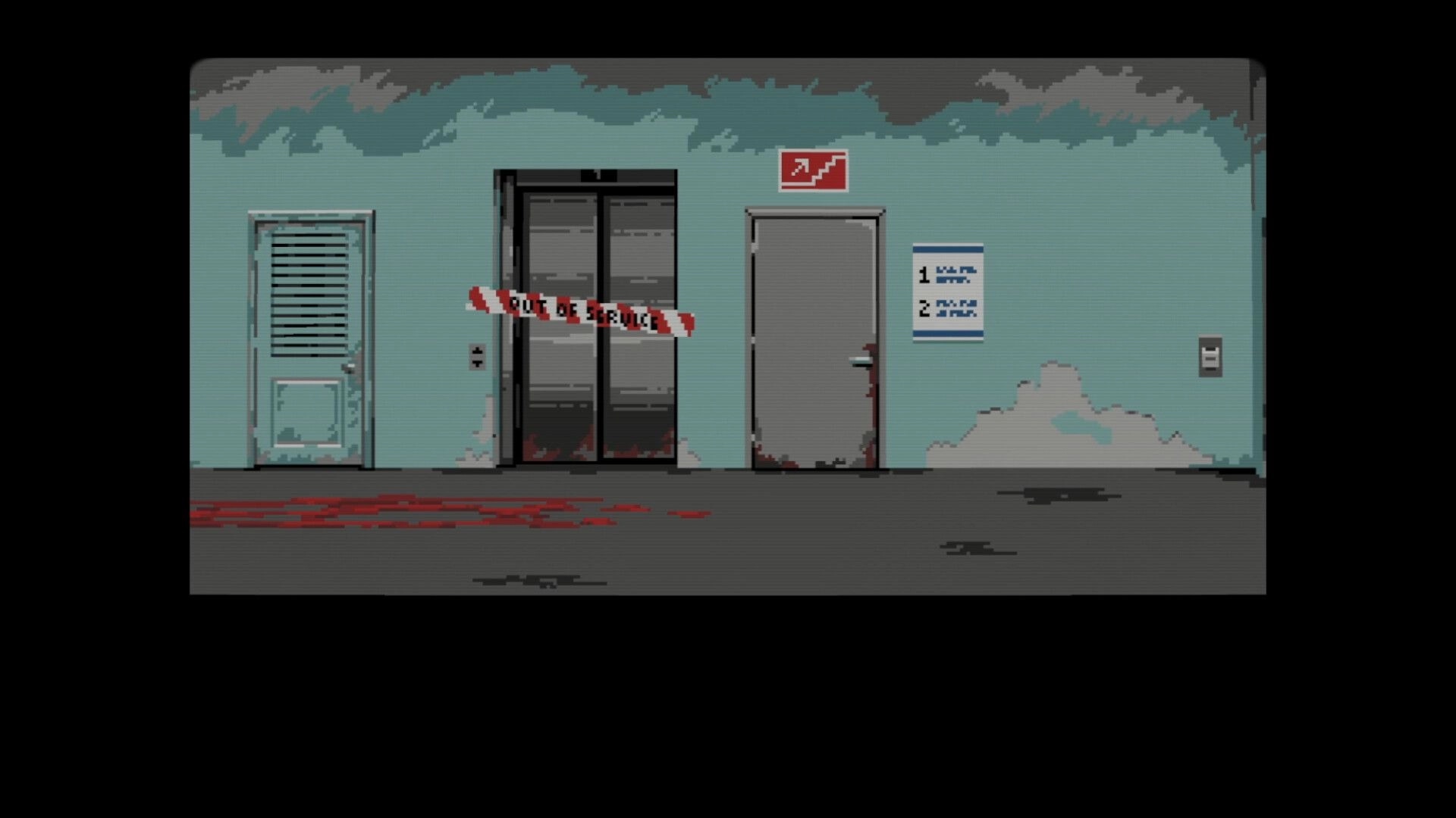 The Bagman: Blood-streaked hallway with taped-off elevator, doors, and stair exit sign on wall.