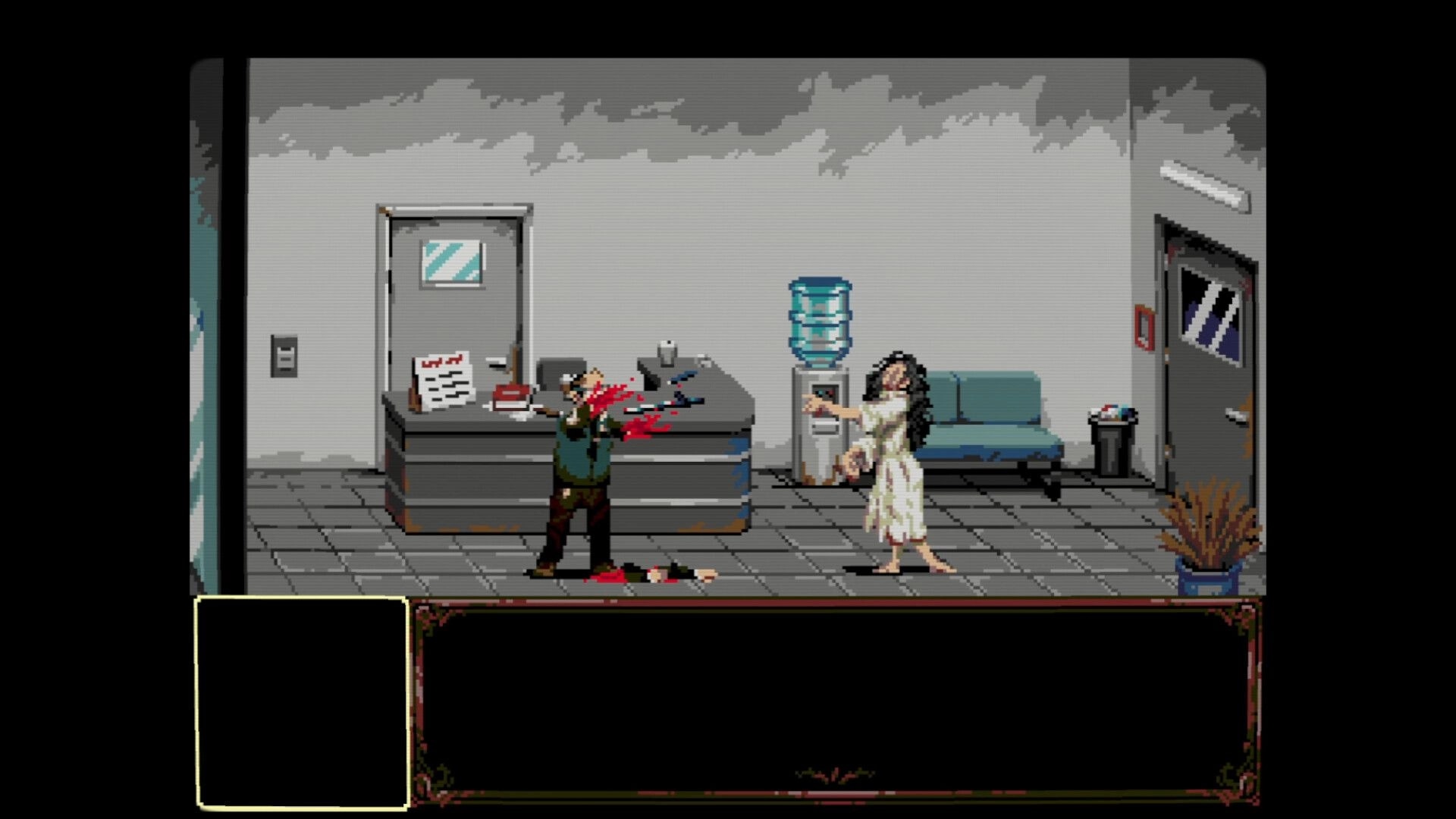 The Bagman: Gunfight with blood spray and body on floor in hospital lobby with empty dialogue box.