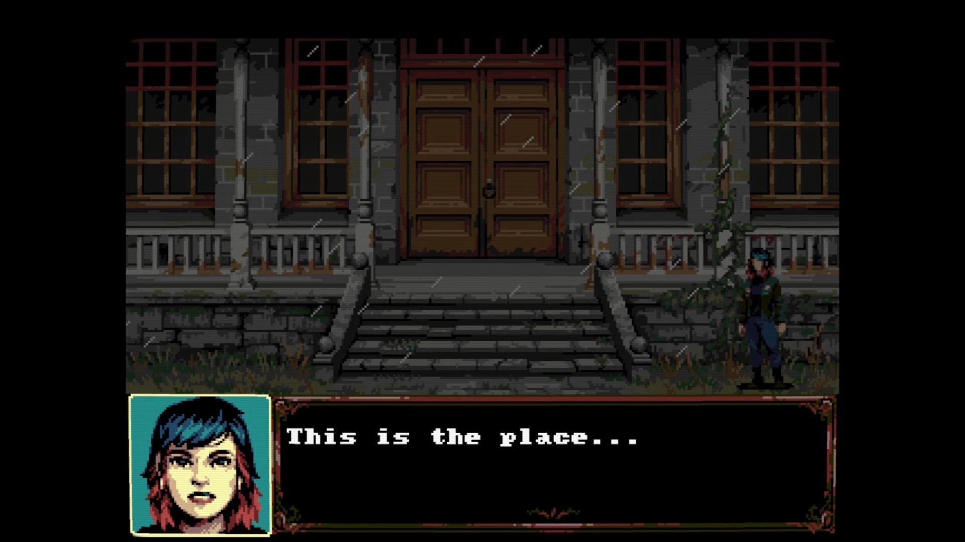 The Bagman: Dialogue box says "This is the place..." outside a rainy mansion entrance porch.