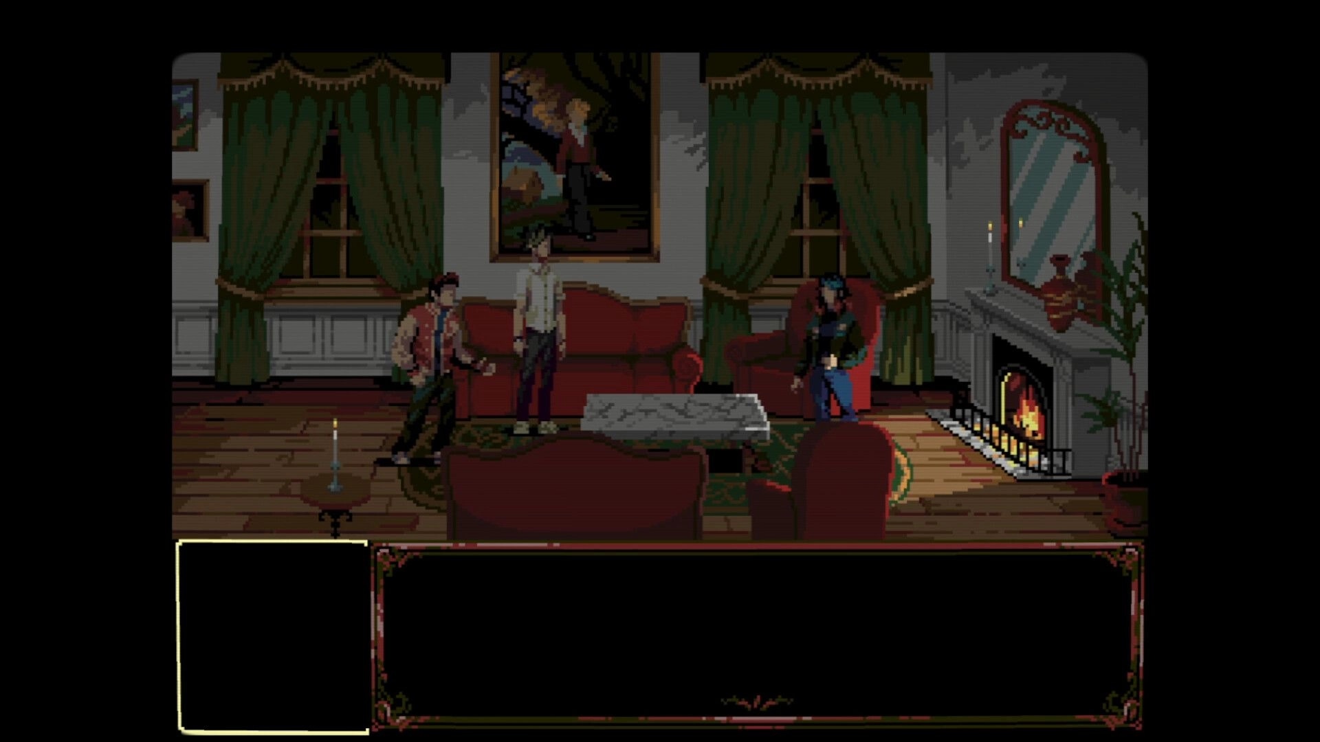 The Bagman: Three characters in a mansion lounge with fireplace, curtains, and empty dialogue box.