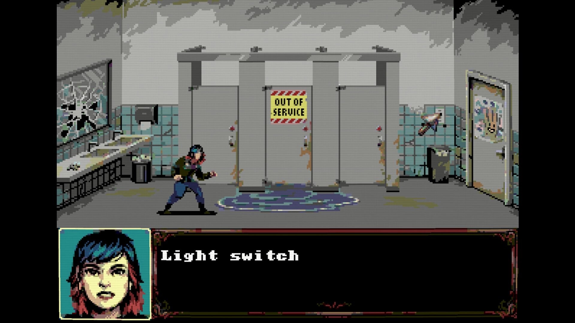 The Bagman: Player stands in filthy restroom by sinks and stalls, dialogue box reads Light switch.
