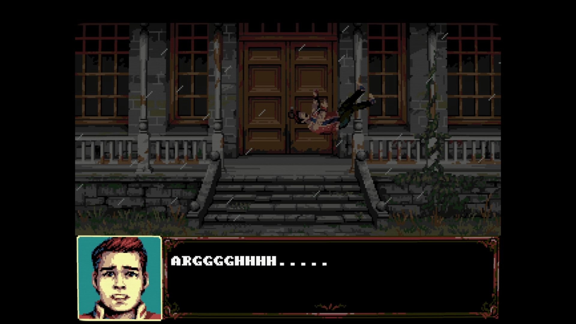 The Bagman: Injured man thrown against mansion doors in rain, dialogue box reads ARGGGHHHH.....