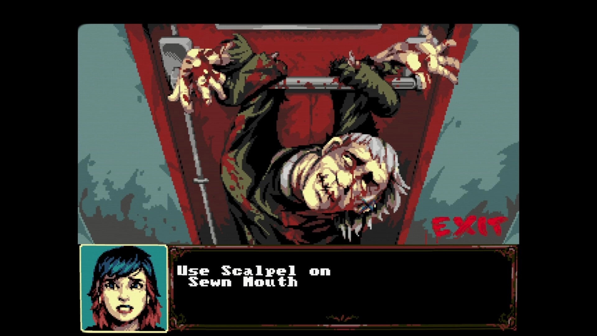 The Bagman: Using scalpel on sewn mouth as a bloody body hangs in a red locker, EXIT tag visible.