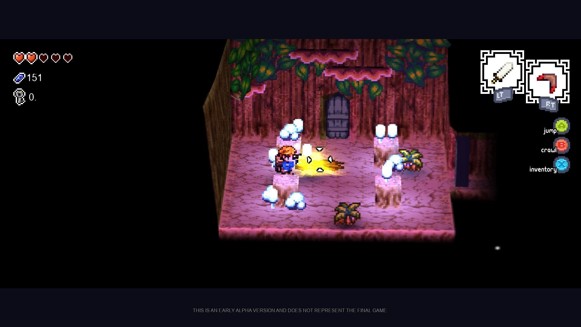 The Ballad of Bellum: Hero in forest hut with health bar, rupees, and weapon interface visible
