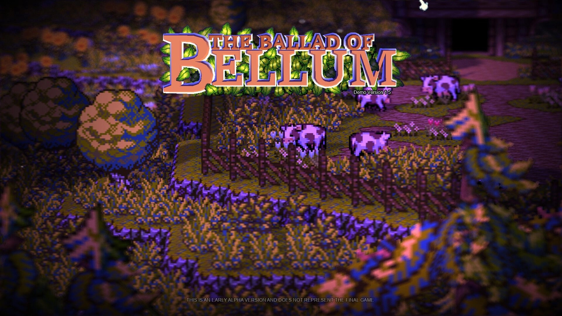 The Ballad of Bellum: Cows grazing in a pixelated forest clearing with vibrant foliage and wooden fences