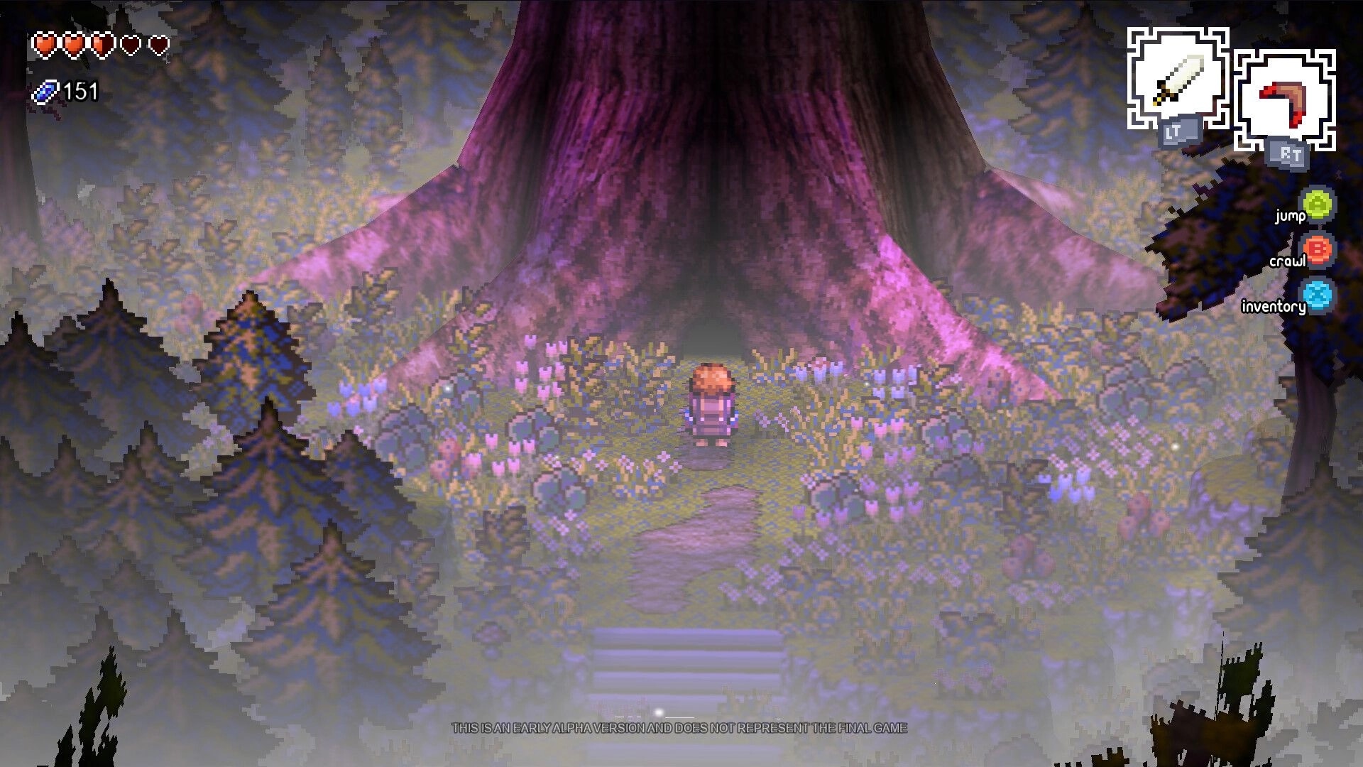 The Ballad of Bellum: Character stands before a massive tree in The Great Forest with visible UI elements