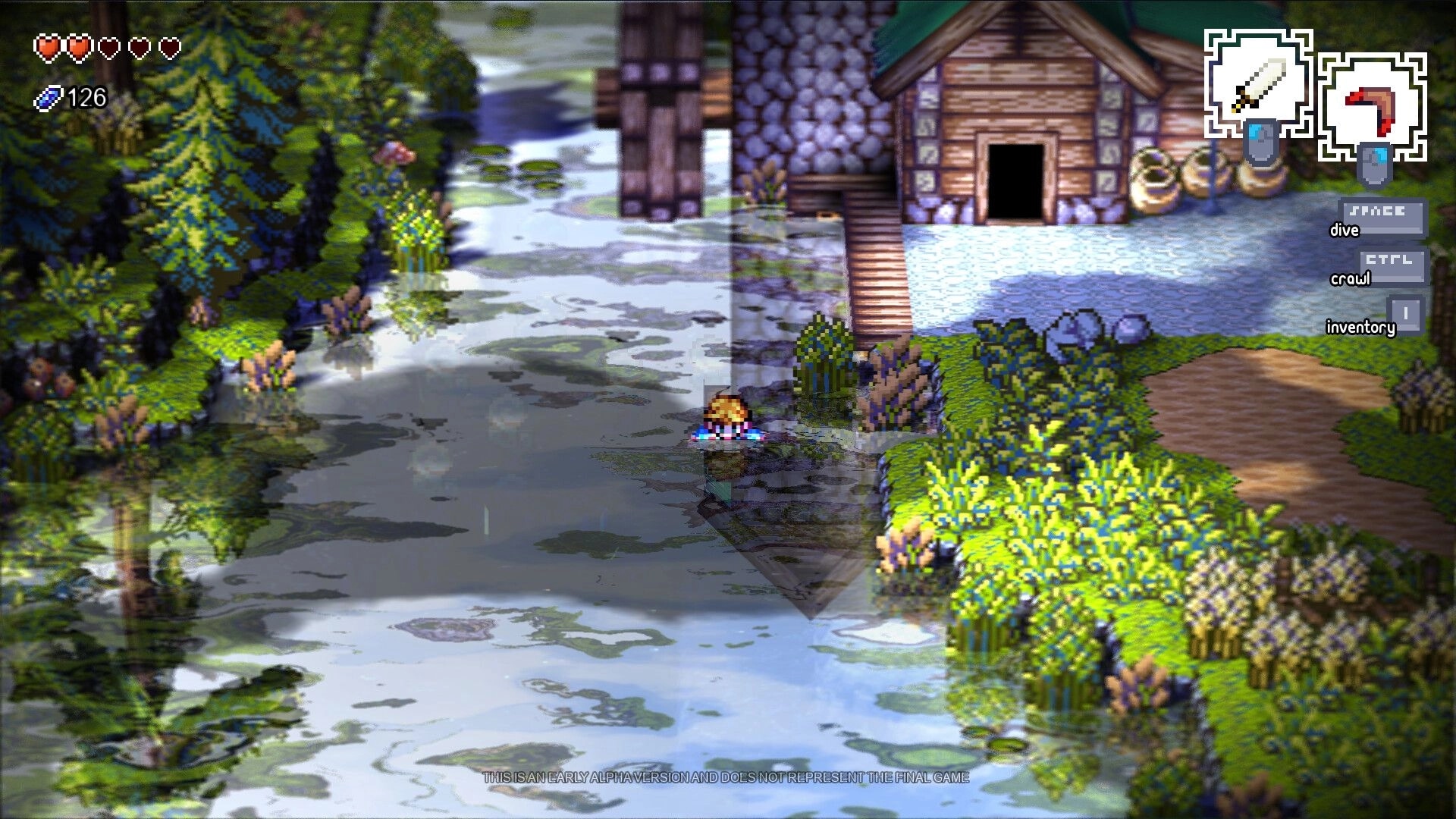 The Ballad of Bellum: Player swimming near cabin in lush forest with inventory and health UI visible