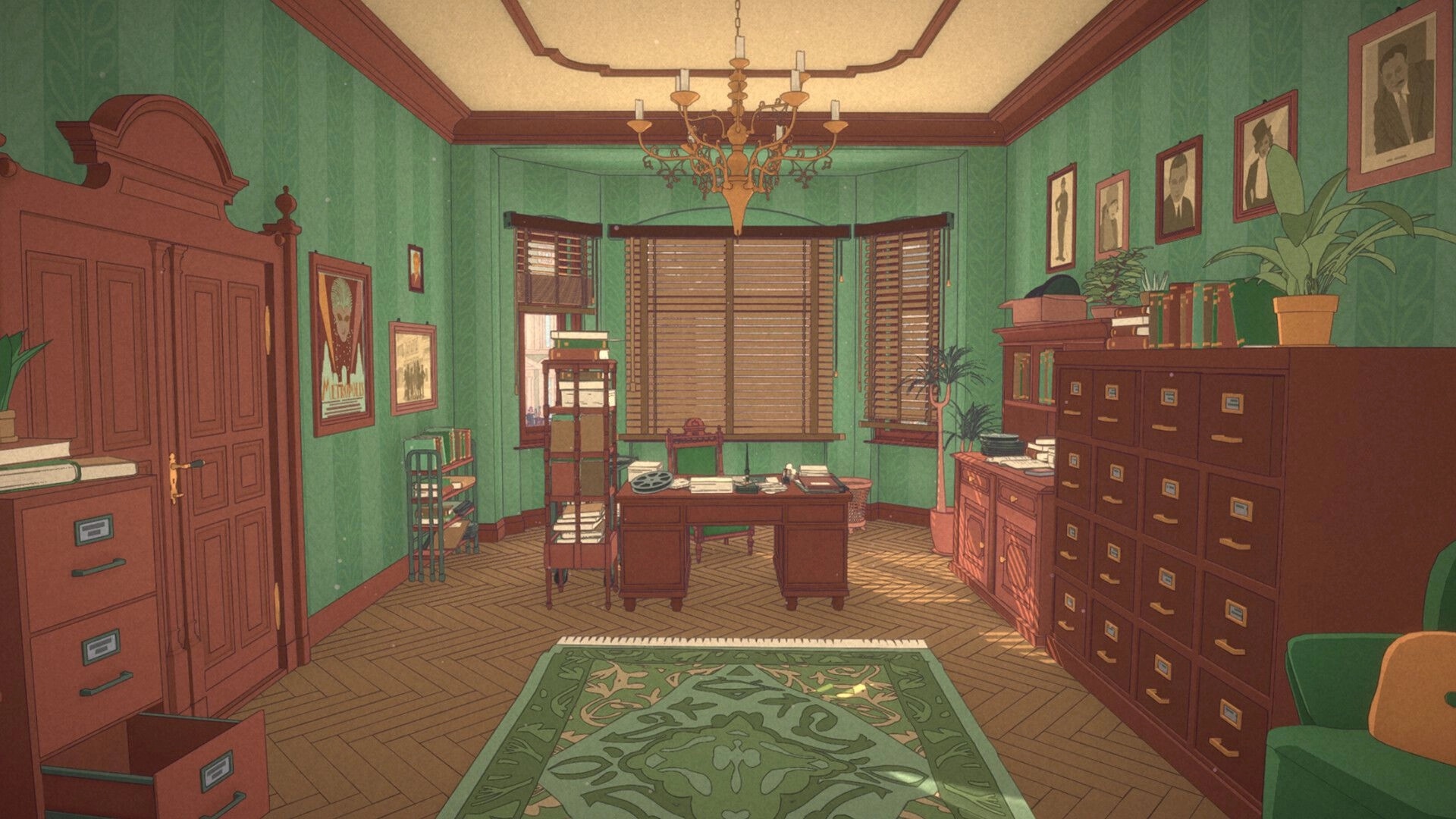 The Berlin Apartment: Vintage study room with wooden desk, filing cabinets, and framed photos on walls
