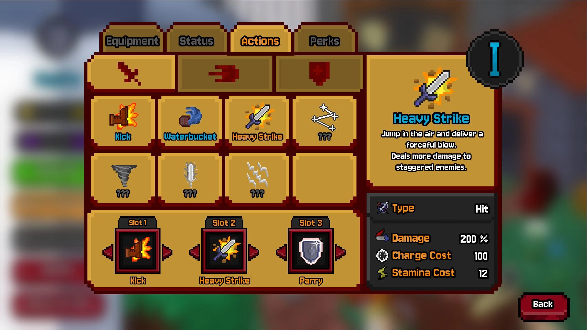 The Bestest Knight: Actions menu highlighting Heavy Strike, with Kick and Parry slots in pixel UI.