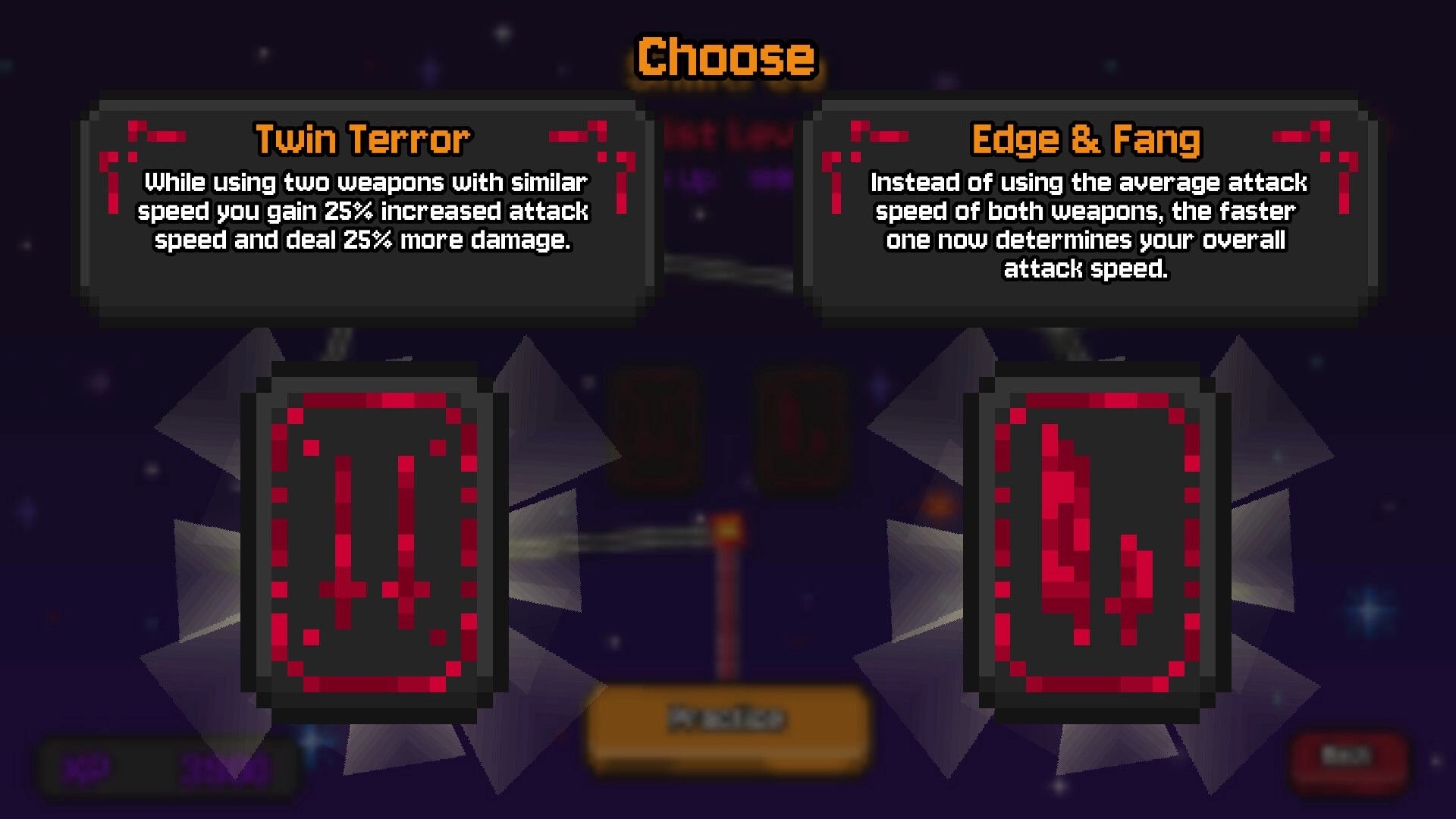 The Bestest Knight: Choose perk screen with Twin Terror or Edge & Fang cards over starry backdrop.