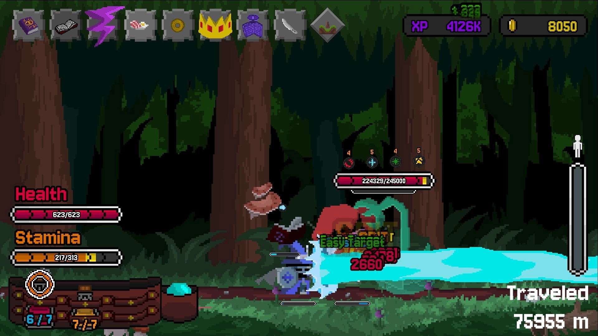 The Bestest Knight: Knight attacks an Easy Target enemy in forest, health and stamina HUD visible.