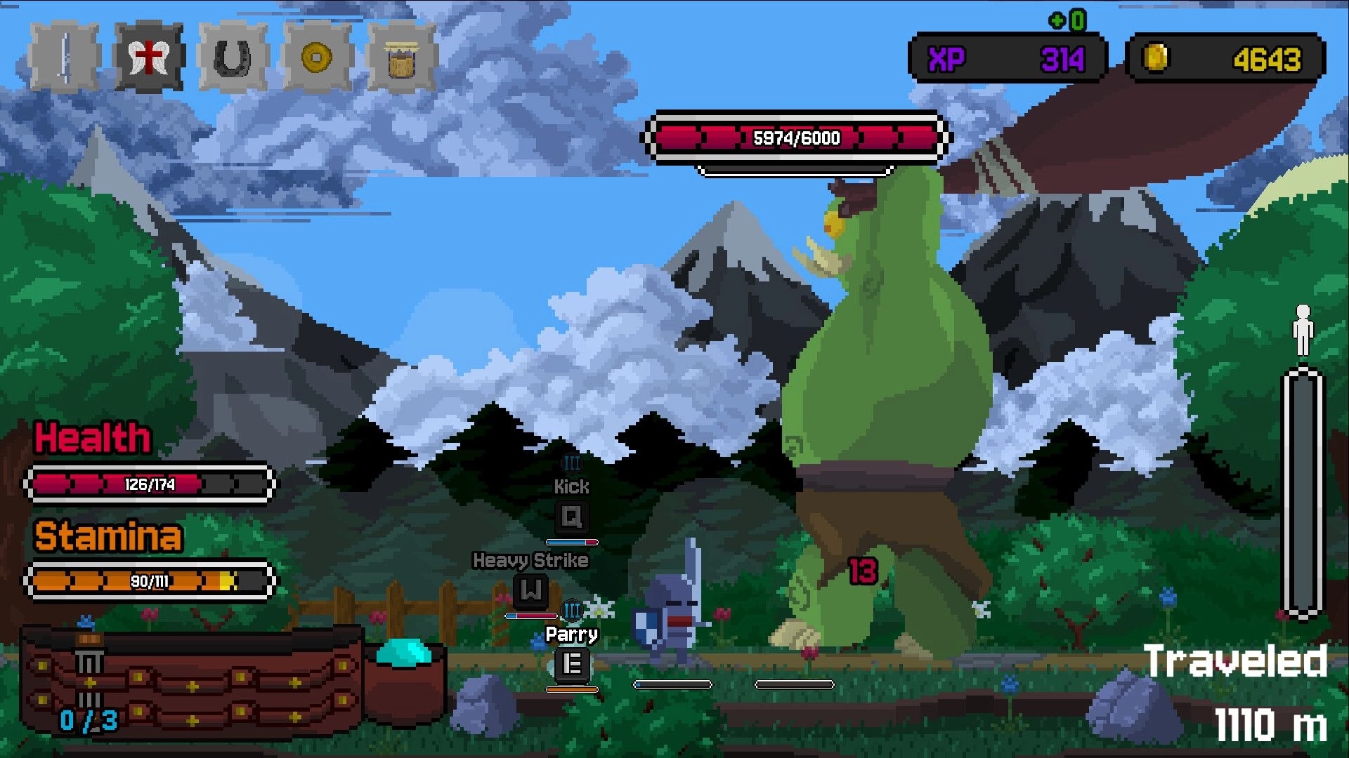 The Bestest Knight: Knight battles giant green ogre boss on forest path with health, stamina UI bars.