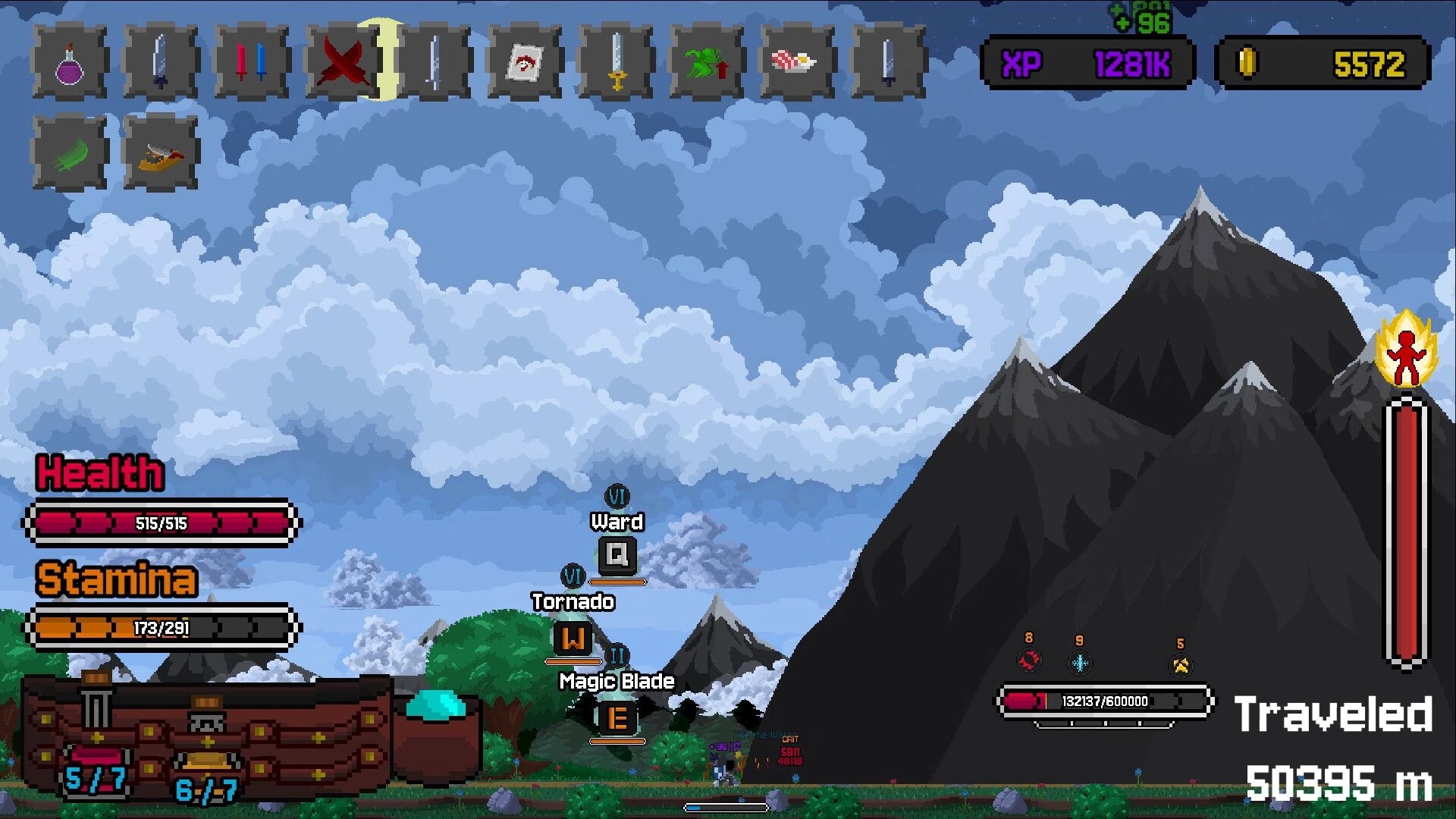 The Bestest Knight: Auto-scrolling HUD with health, stamina, spells, and traveled meter in mountains.