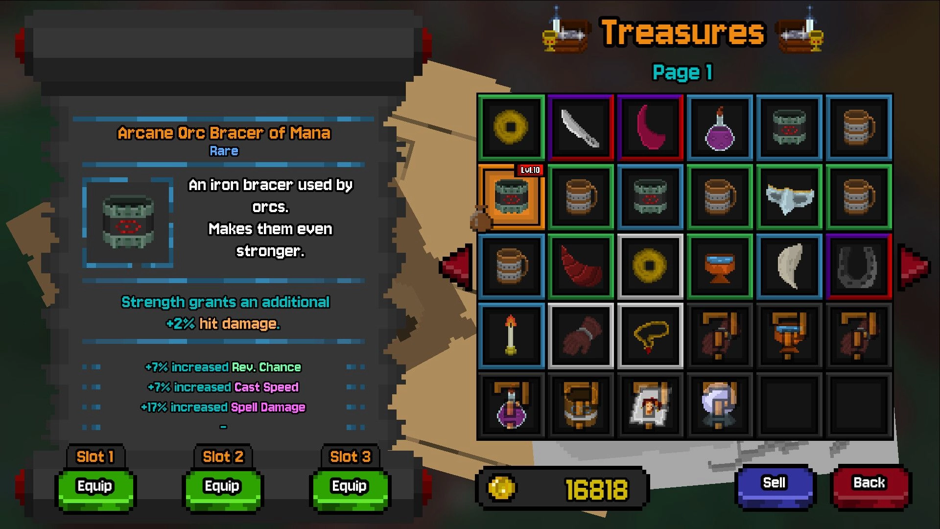 The Bestest Knight: Treasures inventory grid and Arcane Orc Bracer of Mana details menu screen.