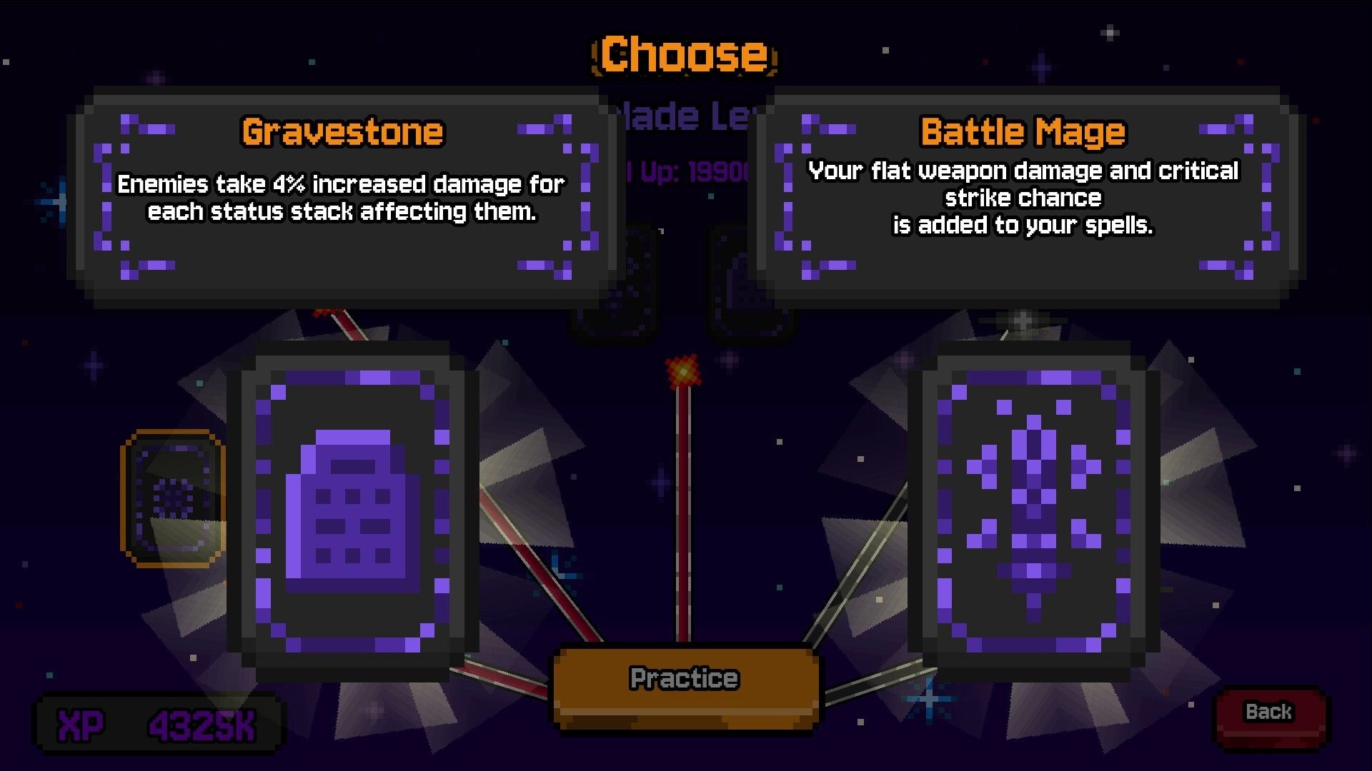 The Bestest Knight: Choose perk screen with Gravestone and Battle Mage cards on starry backdrop.
