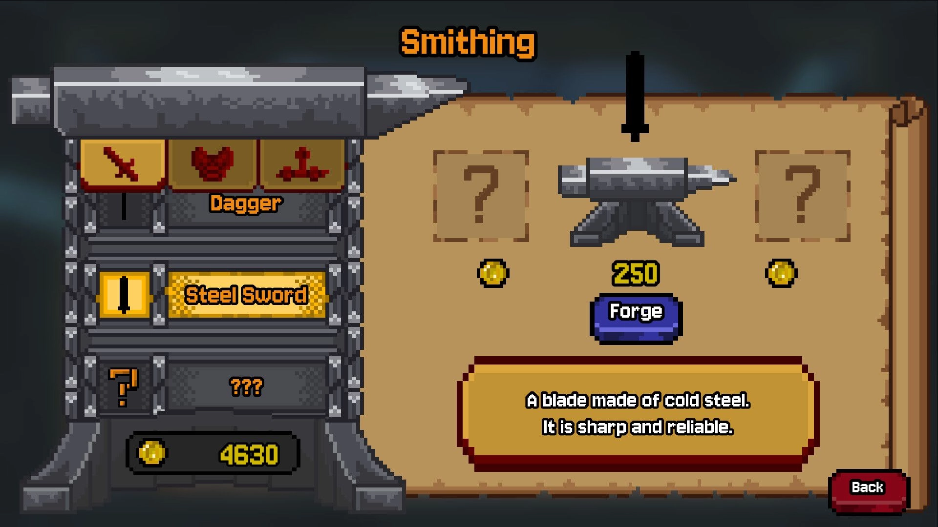 The Bestest Knight: Smithing menu forging a steel sword for 250 gold, anvil UI and item list left.