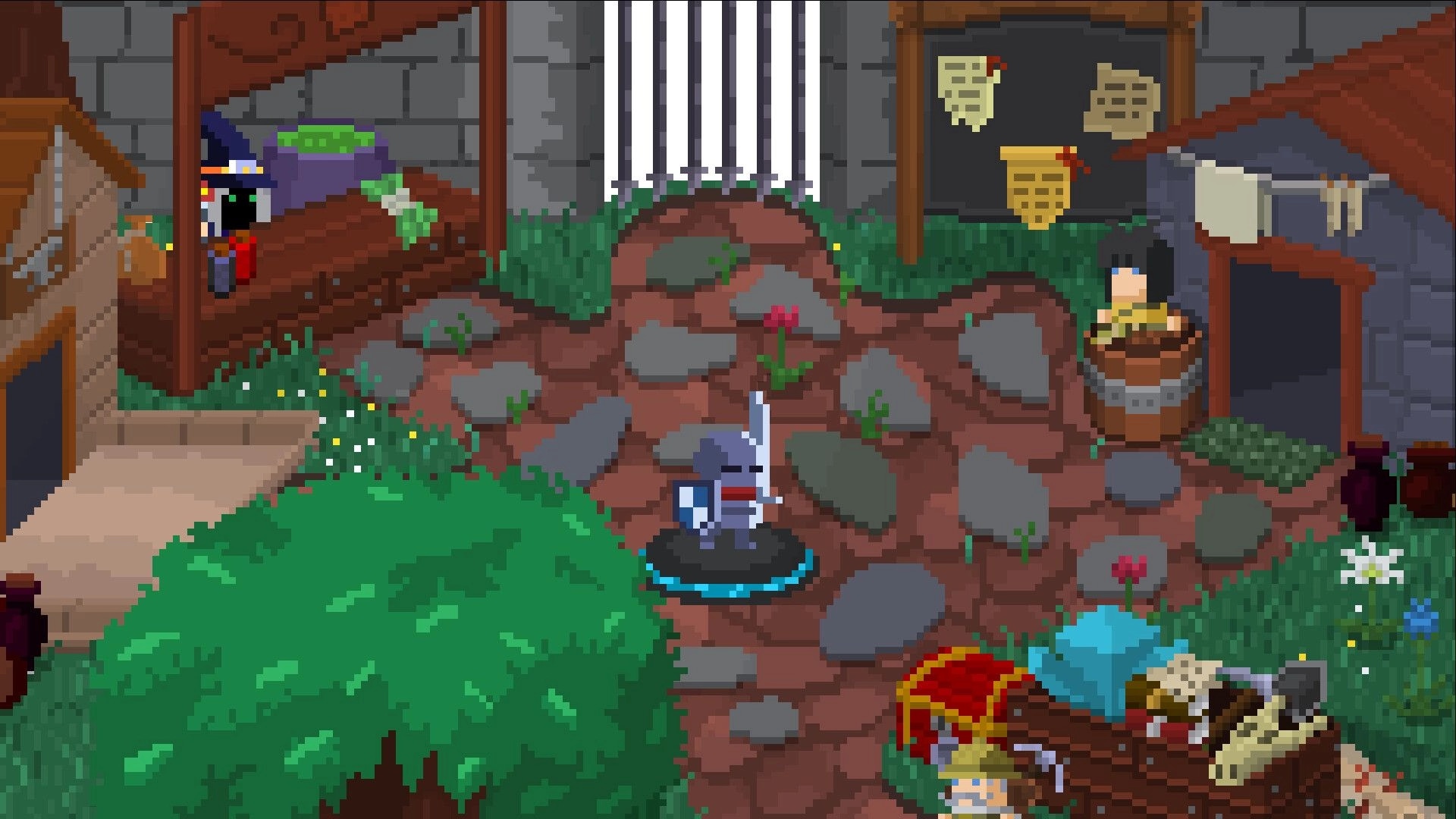 The Bestest Knight: Armored knight stands on a path near tents, cauldron, and quest board in camp.