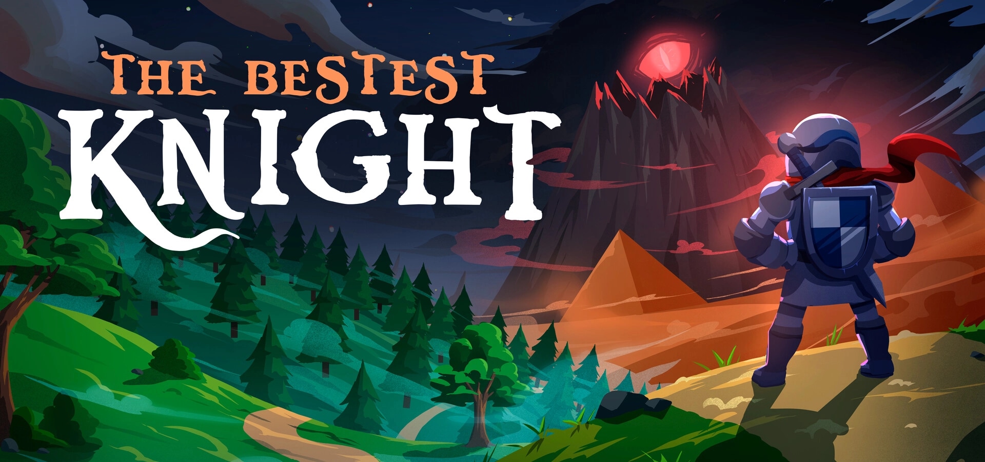 The Bestest Knight: Title screen with armored knight facing a volcano above dark forest hills.
