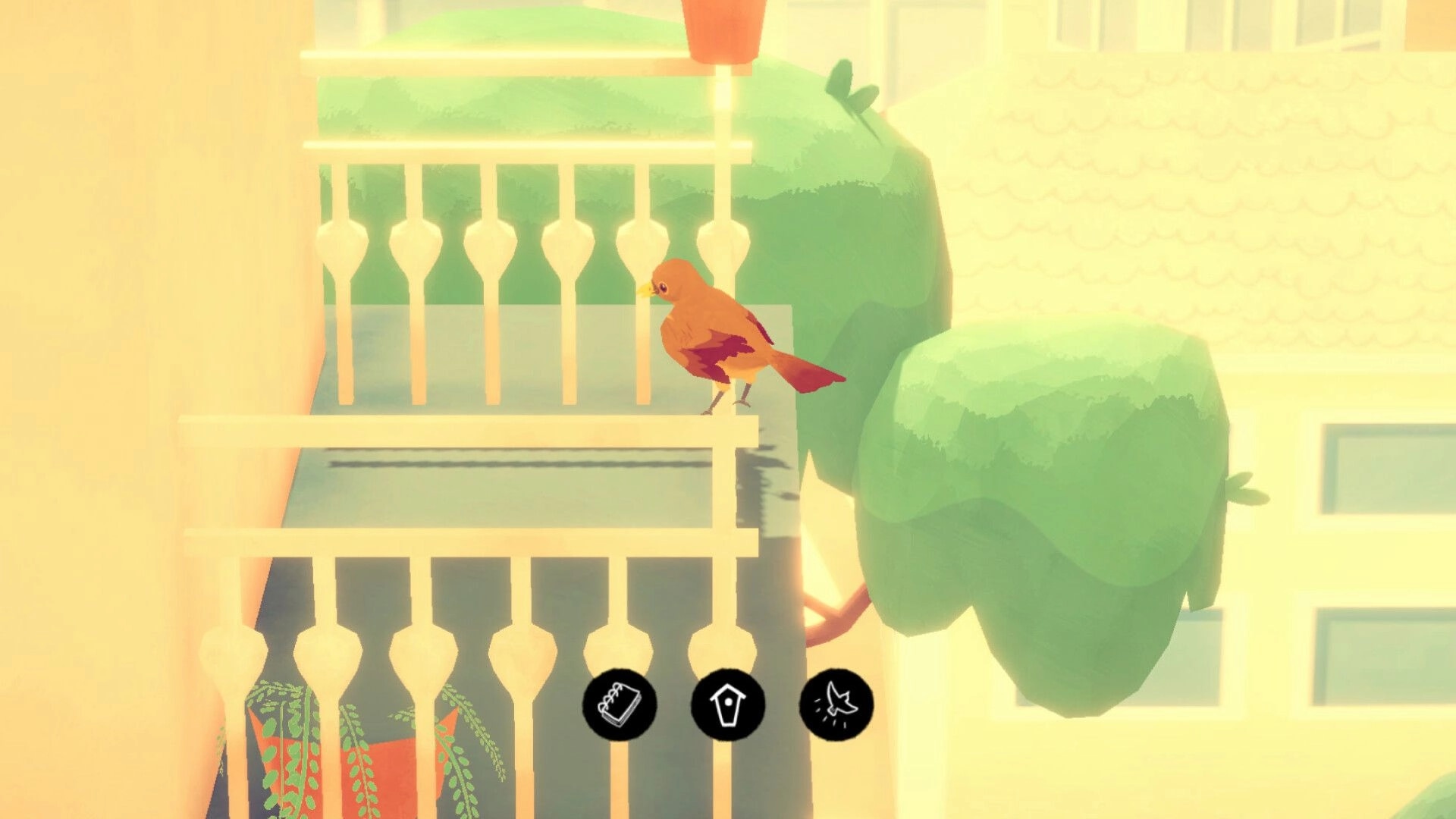The Birdsong Tree: Small orange bird perched on balcony rail with notebook and birdhouse icons below.