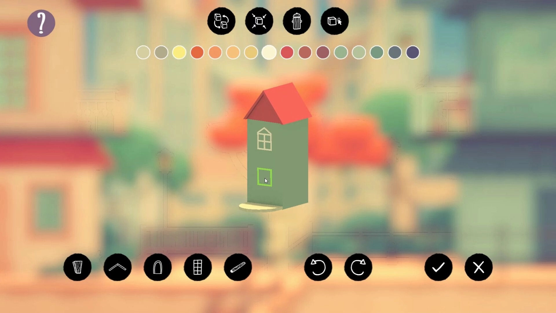 The Birdsong Tree: Birdhouse painting editor with color palette and part icons over blurred neighborhood backdrop.
