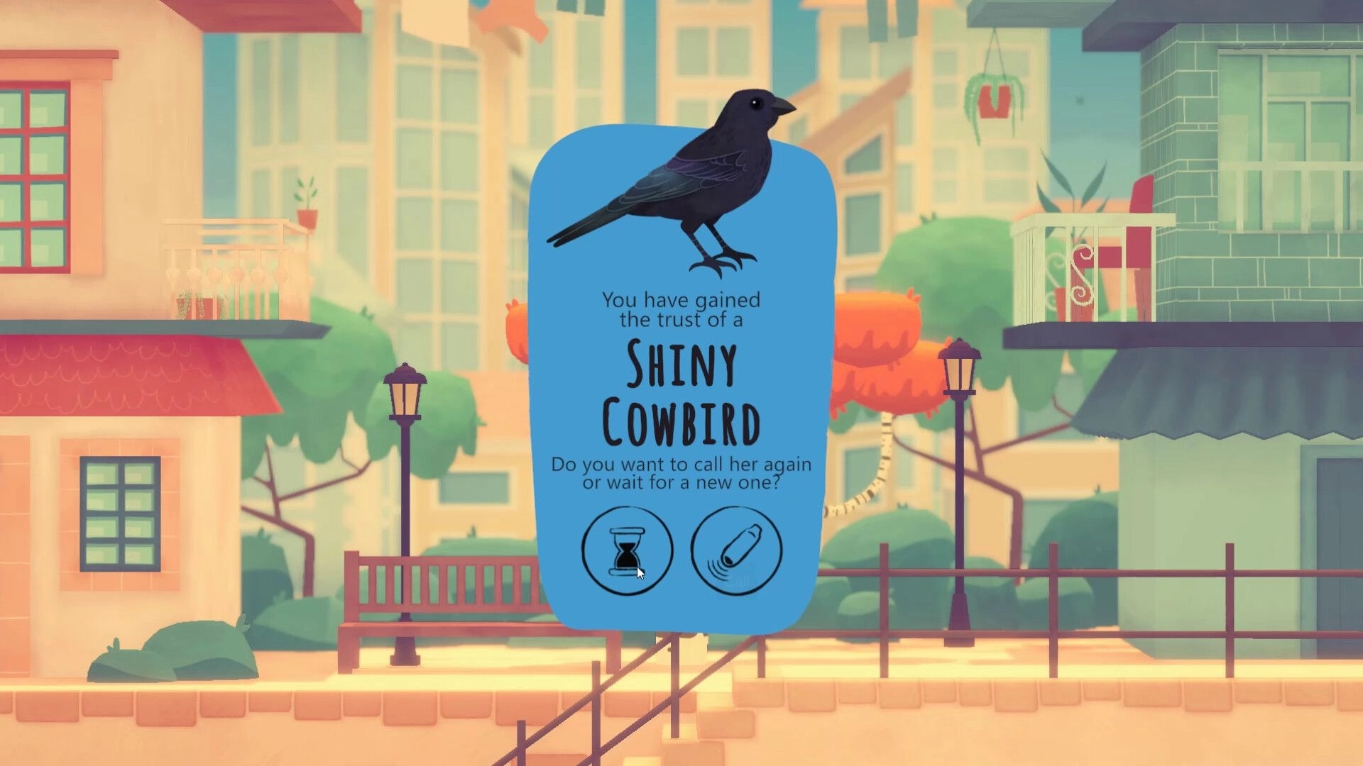 The Birdsong Tree: Trust gained popup for a shiny cowbird with call or wait buttons in city park.