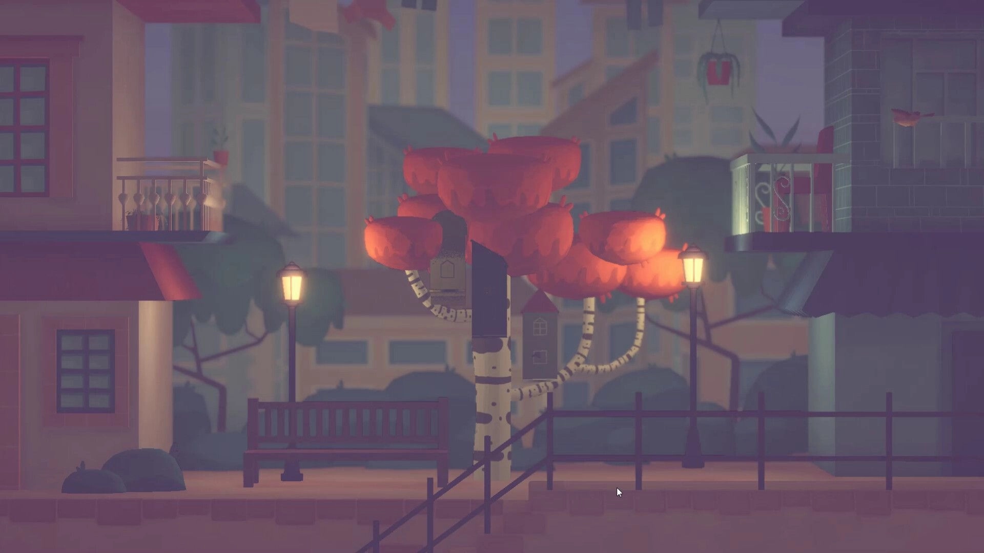 The Birdsong Tree: Birdhouse perched on a red-leaf tree in a quiet street with benches and lamps.